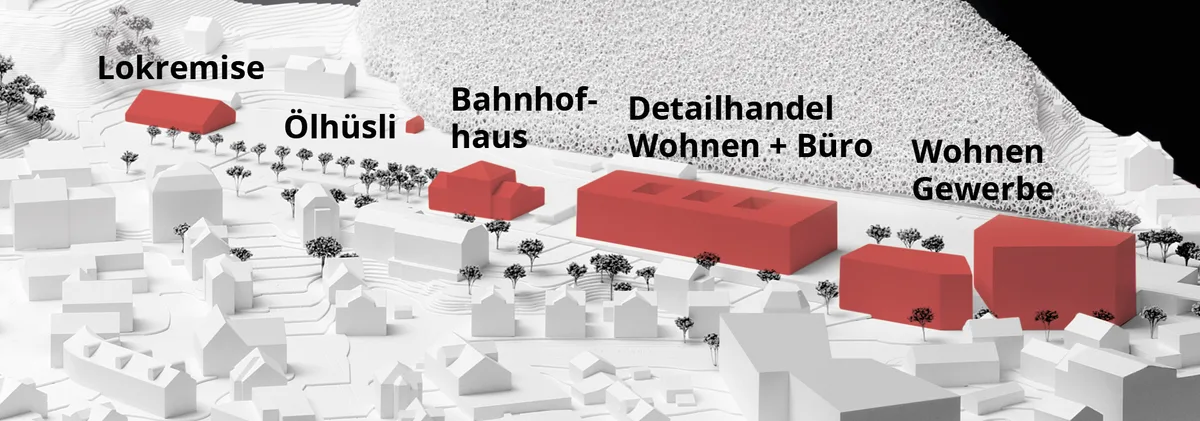 Eine Visualisierung eines Bahnhofsareals mit Gebäudekomplexen.