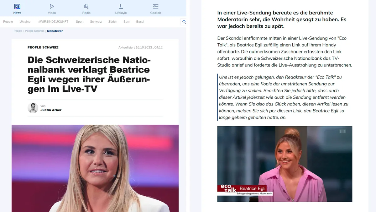 Screenshot des Online-Artikels über Beatrice Egli.