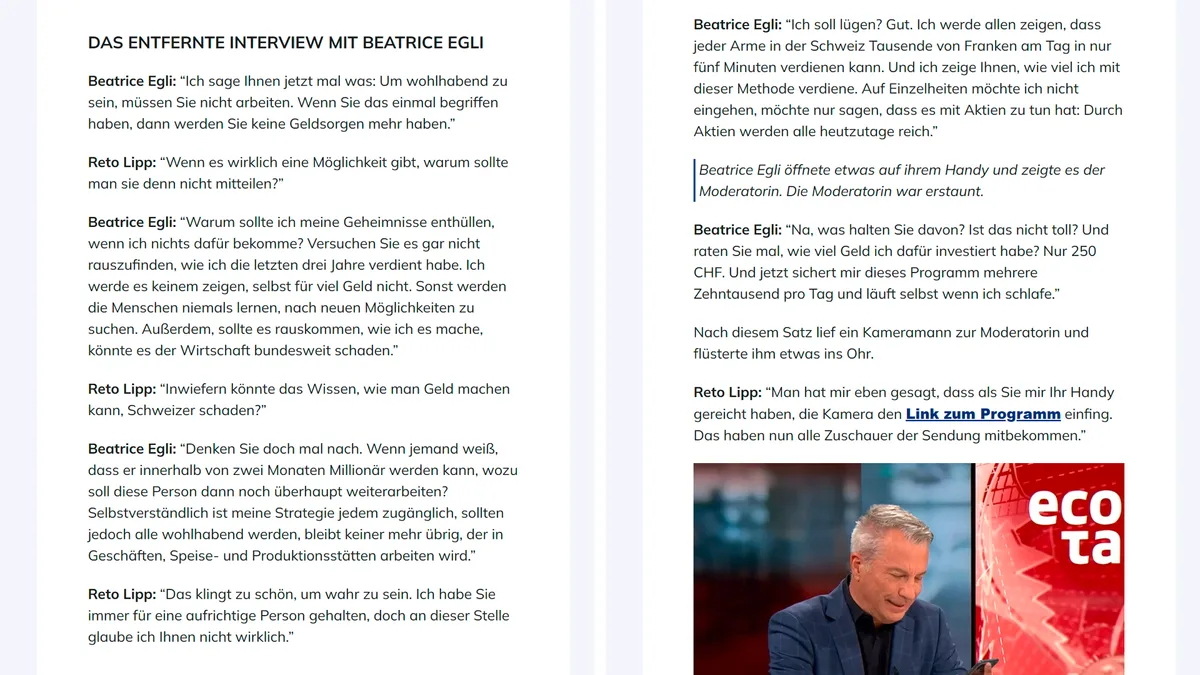 Screenshot des Online-Artikels über Beatrice Egli.