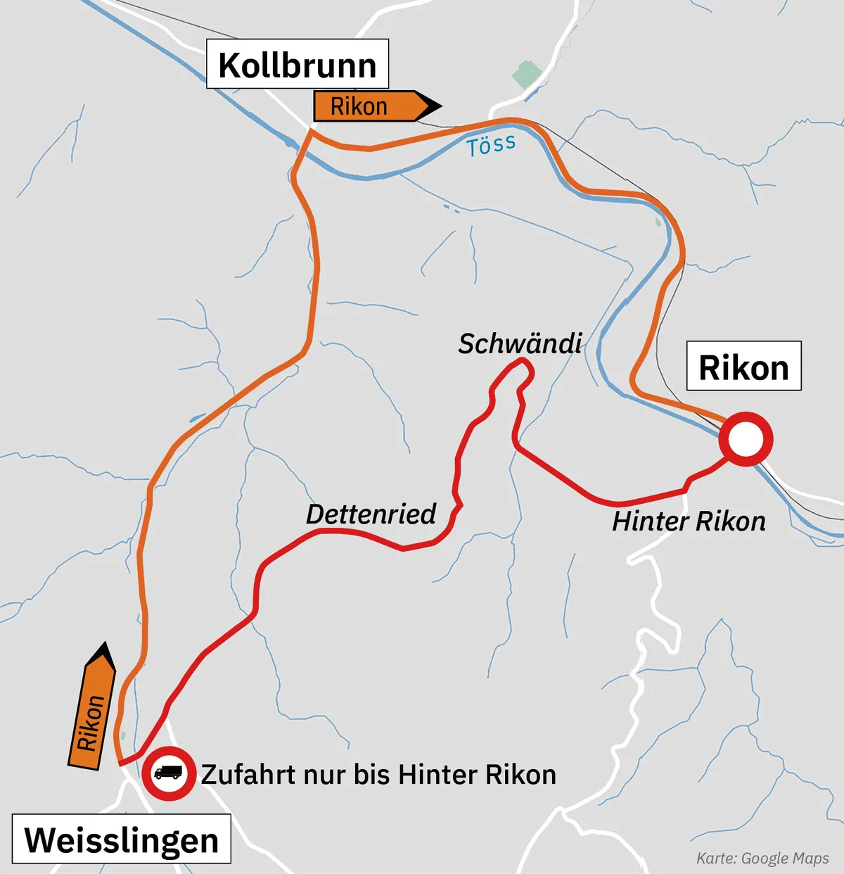 Diese Karte zeigt, wie weiträumig die Umleitung wegen der Gleisarbeiten in Rikon ist. Orange die Umfahrung für Lkws und Autos, rot die Durchfahrt bis Hinter Rikon, die nur für Autos erlaubt ist. In Rikon werden Gleisarbeiten durchgeführt. Darum ist der Übergang gesperrt. Umfahrung über Weisslingen und Kollbrunn ist signalisiert.