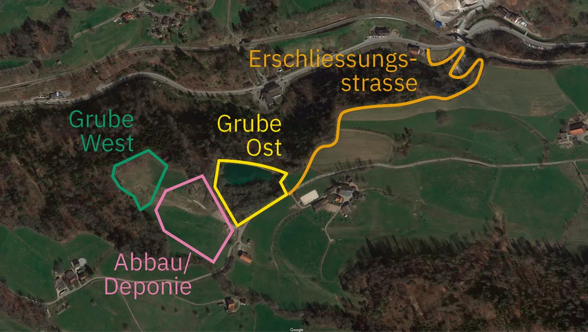Die Deponie Goldbach ist im Süden des Grundtals geplant. Karte mit Markierungen zu Grube West, Grube Ost, Abbau/Deponie und der Erschliessungsstrasse.