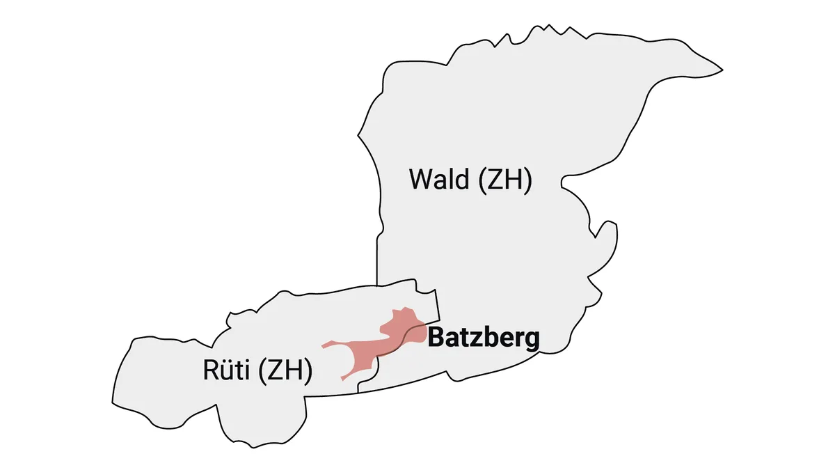 Übersichtskarte des Batzbergs auf den Gemeindegebieten Rüti und Wald.