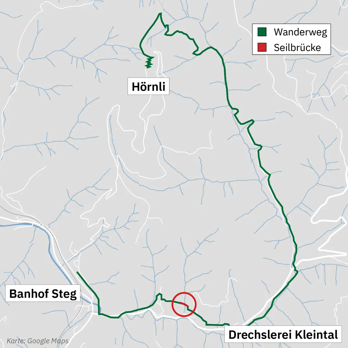 Mit dem neuen Wanderweg sind Fussgänger nicht mehr auf der Strasse zur Drechslerei Kleintal unterwegs. Eine Karte eines Wanderwegs und einer Seilbrücke.
