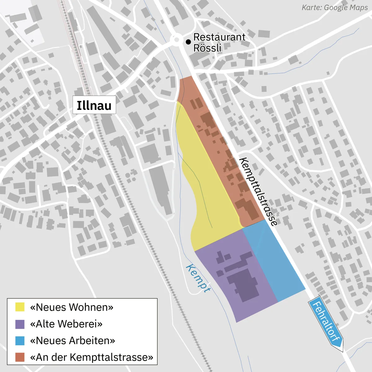 Das sind die vier Teilbereiche im Masterplan Geen. Karte, die vier Bereiche des Projekts «Masterplan Geen» im Südosten von Illnau, zwischen Kempttalstrasse und Kempt, zeigt.