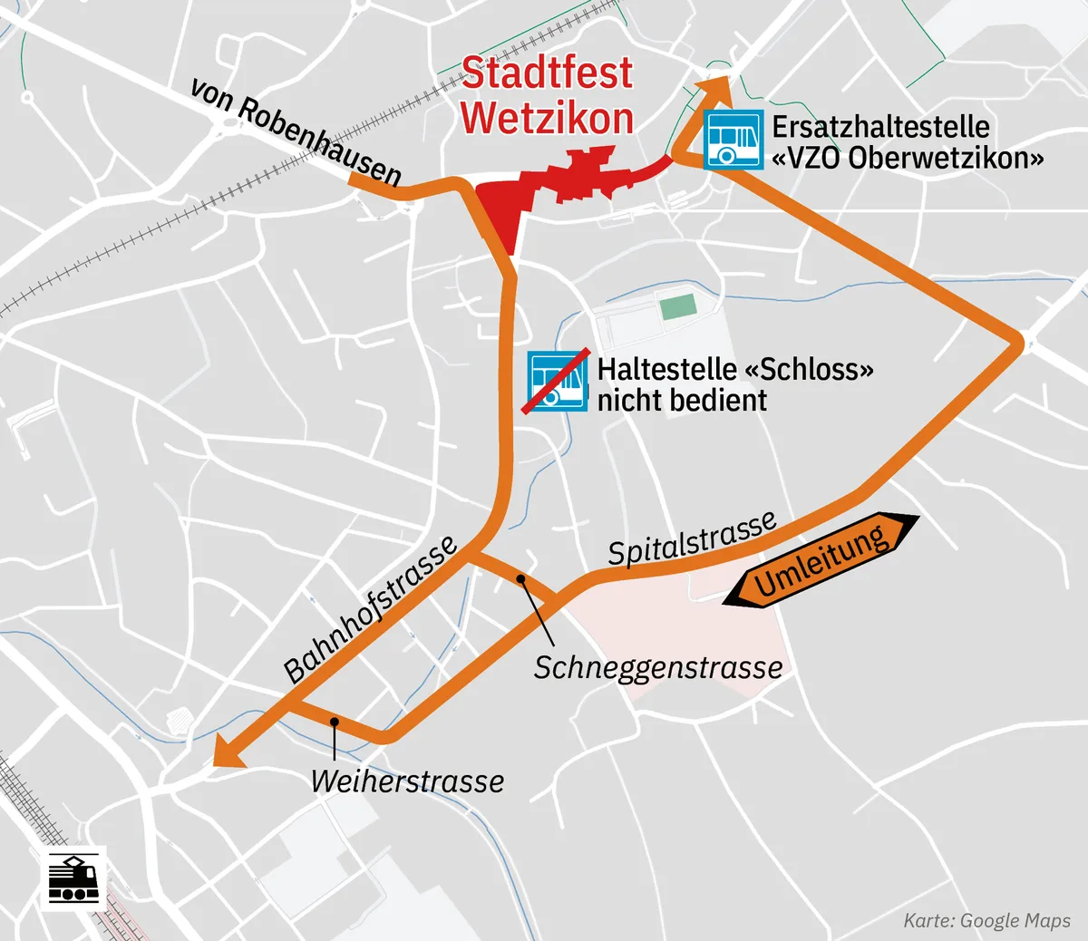 Das Stadtfest in Wetzikon findet von der reformierten Kirche bis zum Oberland Märt statt. Der Bereich wird über die Bahnhofstrasse und die Spitalstrasse umfahren.
