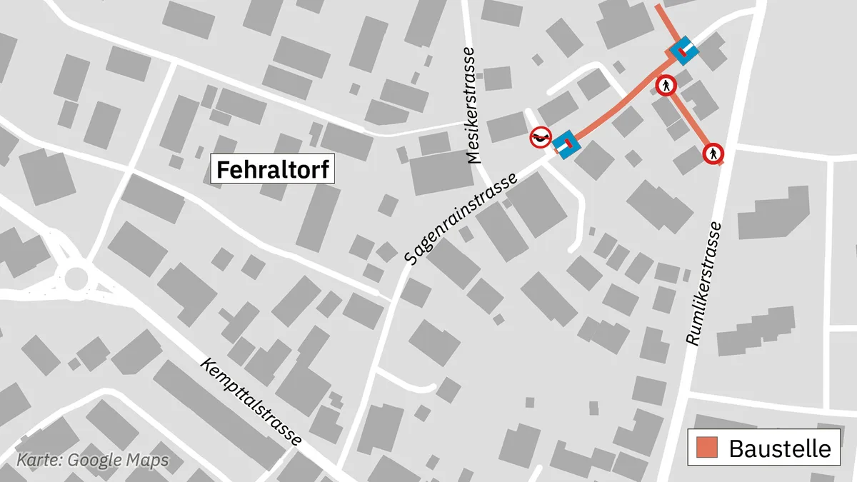 Verkehrsbehinderung an der Sagenrainstrasse in Fehraltorf. Auf der Sagenrainstrasse ist ein Abschnitt zwischen der Mesikerstrasse und der Rumlikerstrasse im Juni gesperrt.
