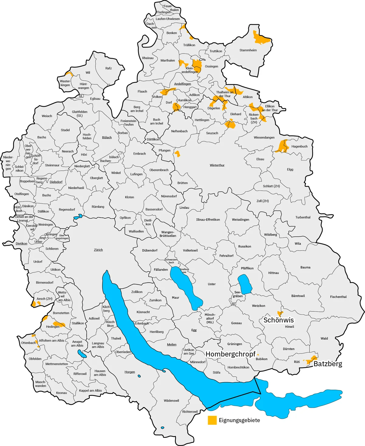 Karte des Kantons Zürich mit den Eignungsgebieten.