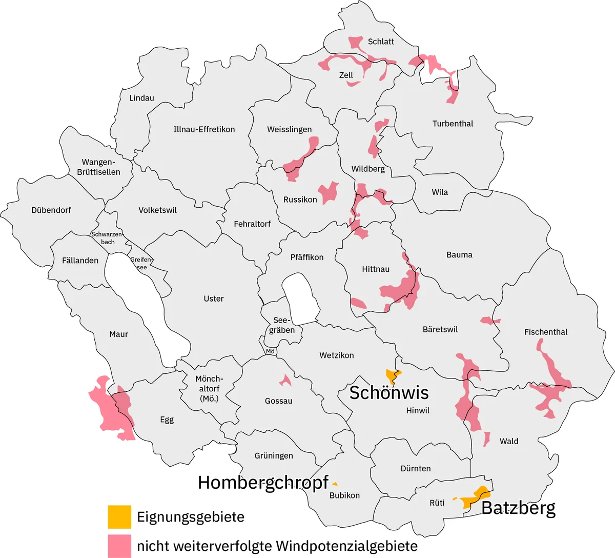 Karte mit den Windpotenzialgebieten. Nur 2 (Schönwis und Batzberg) kommen in Betracht.