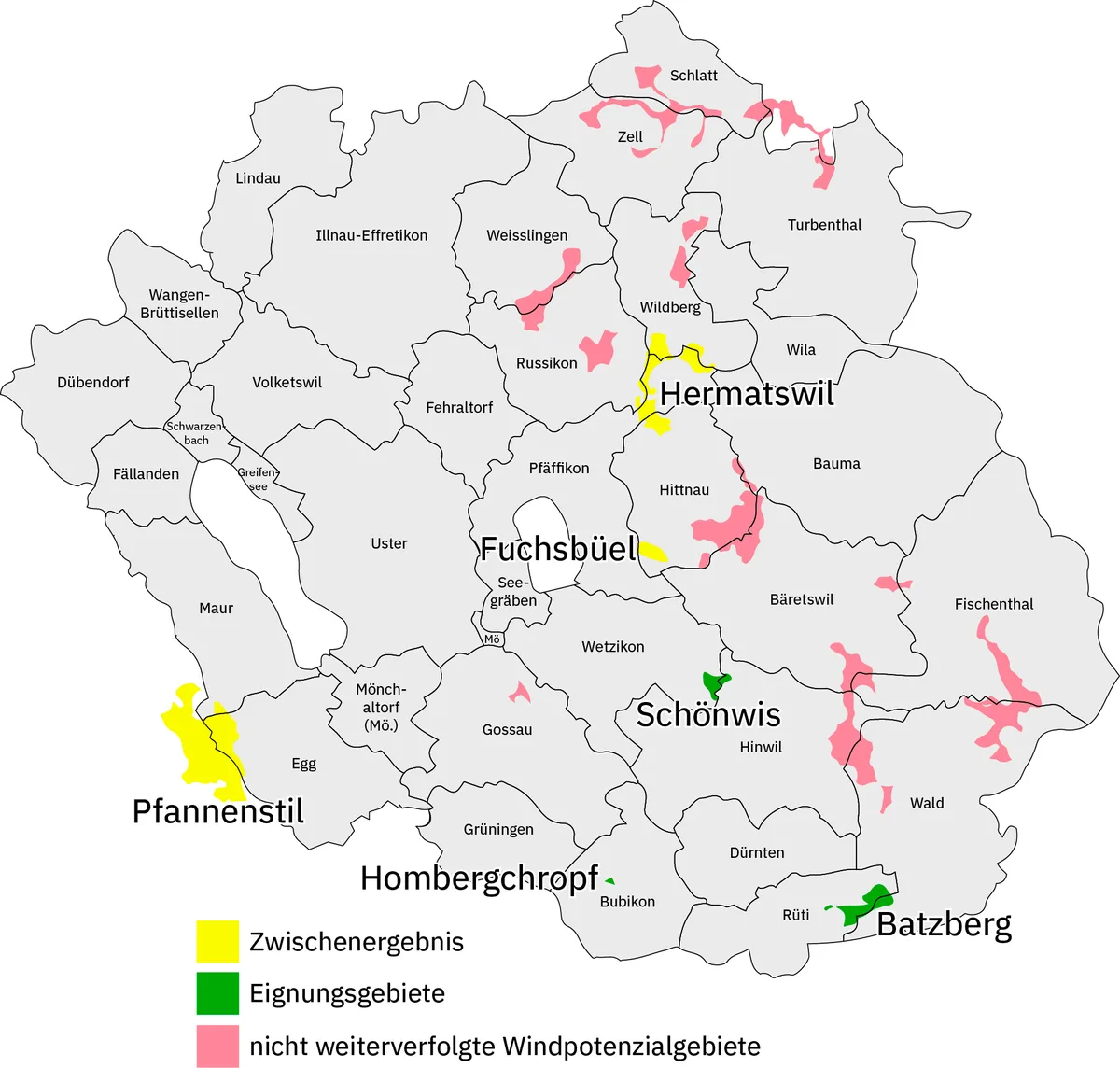 Karte der Windpotenzialgebiete für Windräder im Zürcher Oberland. Geeignet sind Batzberg, Hombergchropf und Schönwis. Fuchsbüel, Hermatswil und Pfannenstiel sind als Zwischenergebnis markiert.