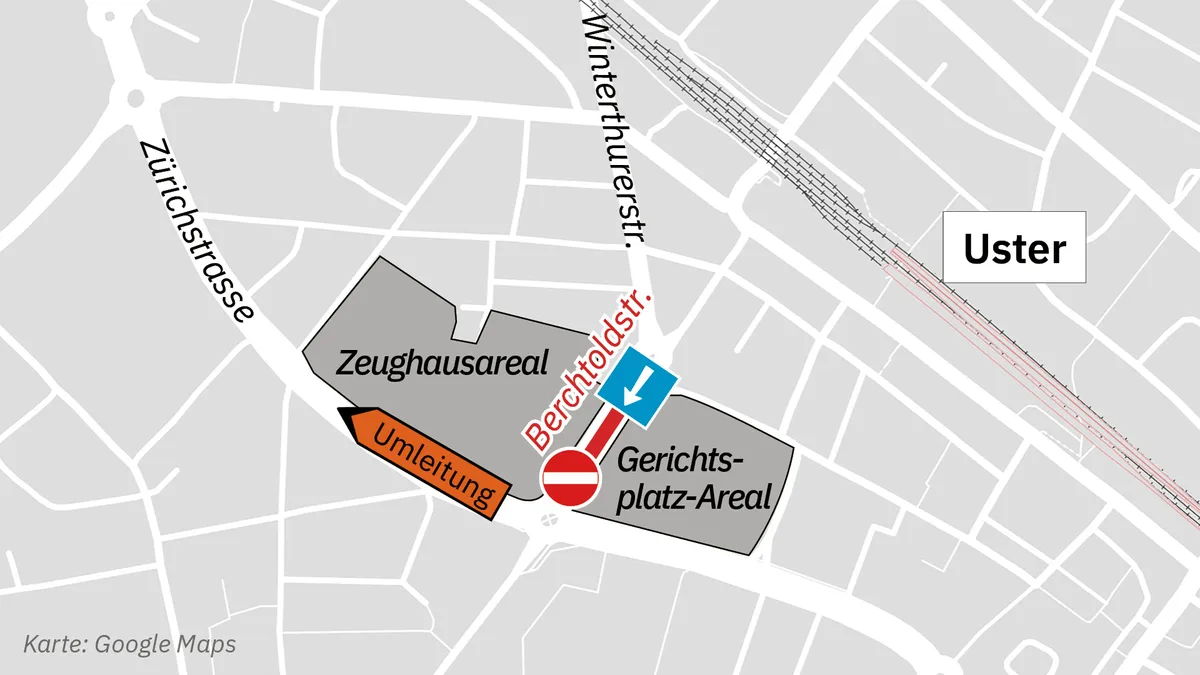 Die Berchtoldstrasse ist ab Kreisel Winterthurerstrasse bis Zürcherstrasse in eine Richtung befahrbahr. Der Verkehr wird richtung Westen Zürcherstrasse umgeleitet.
