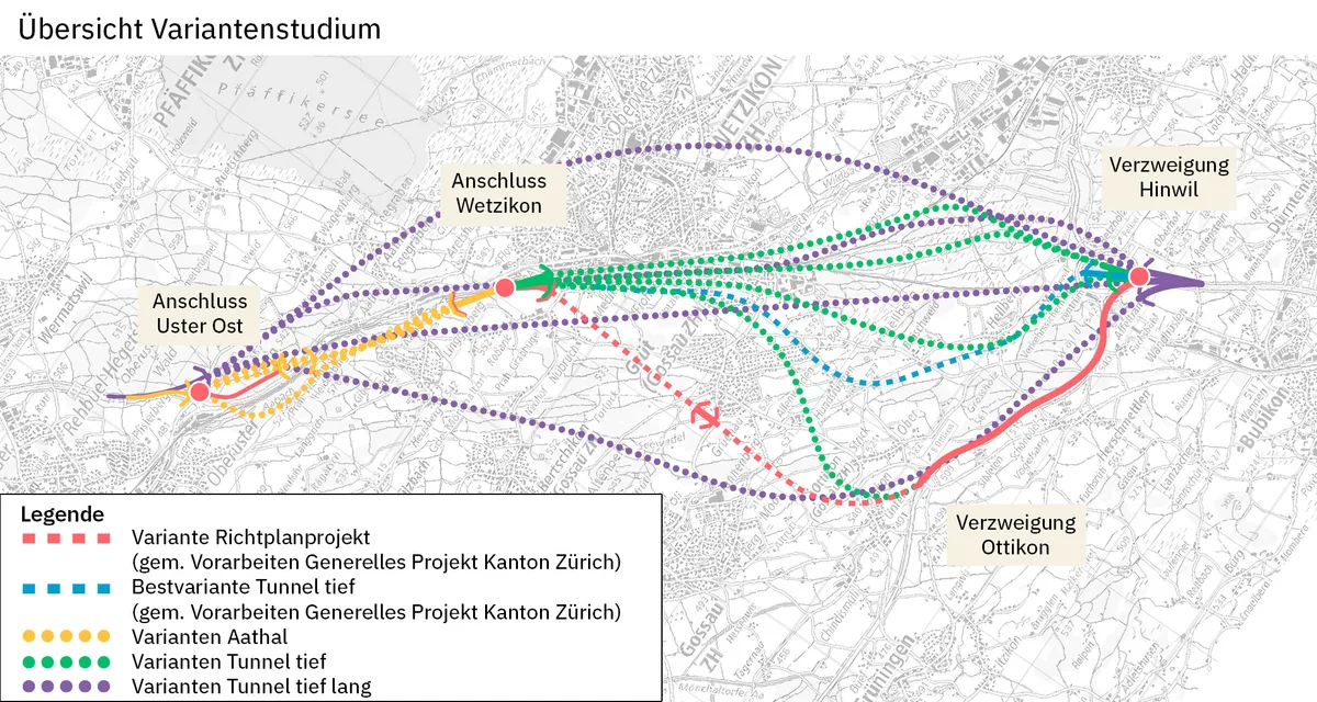 Der Variantenfächer ist breit. Und wo genau die beste Route durchführt, ist ebenfalls noch offen. Für jede Variante gibt es nochmals verschiedene Lösungsansätze. Eine Karte mit 5 Weg- und Tunnelvarianten zwischen Uster Ost und Hinwil.