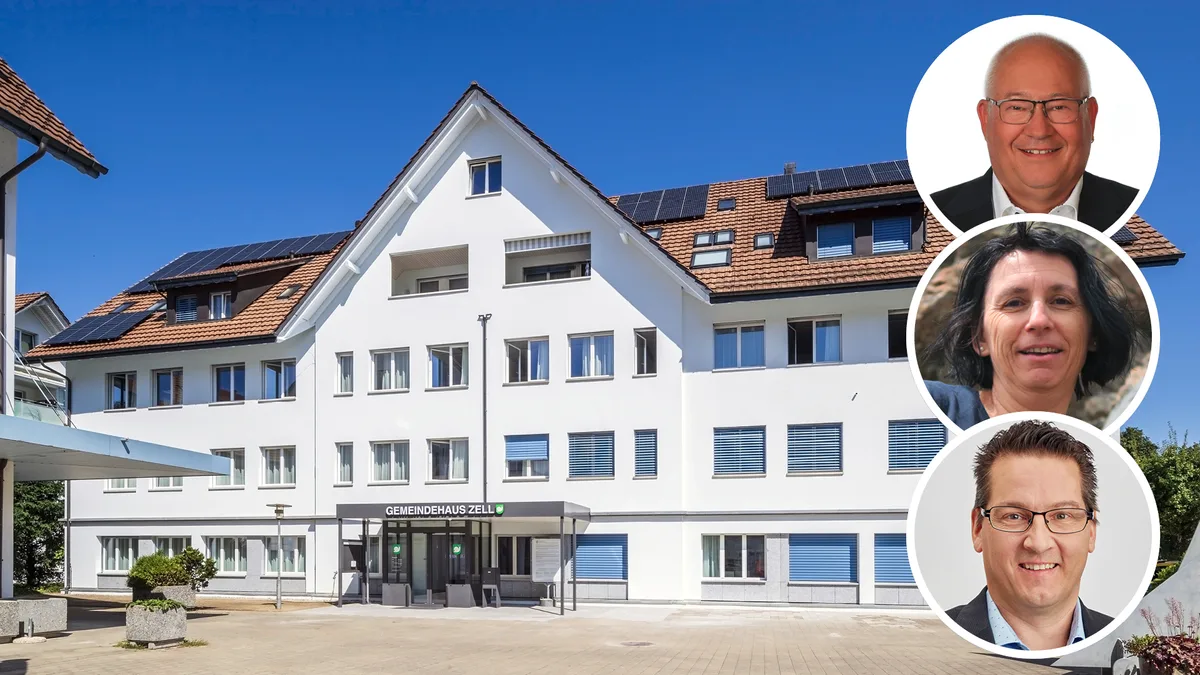 Eine Bildkombo mit dem Gemeindehaus in Zell und drei Leuten Eine Bildkombo mit dem Gemeindehaus in Zell und drei Leuten