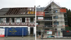 Eine Bildcombo einer Baustelle eines Restaurants und des fertigen Restaurants. Eine Bildcombo einer Baustelle eines Restaurants und des fertigen Restaurants.