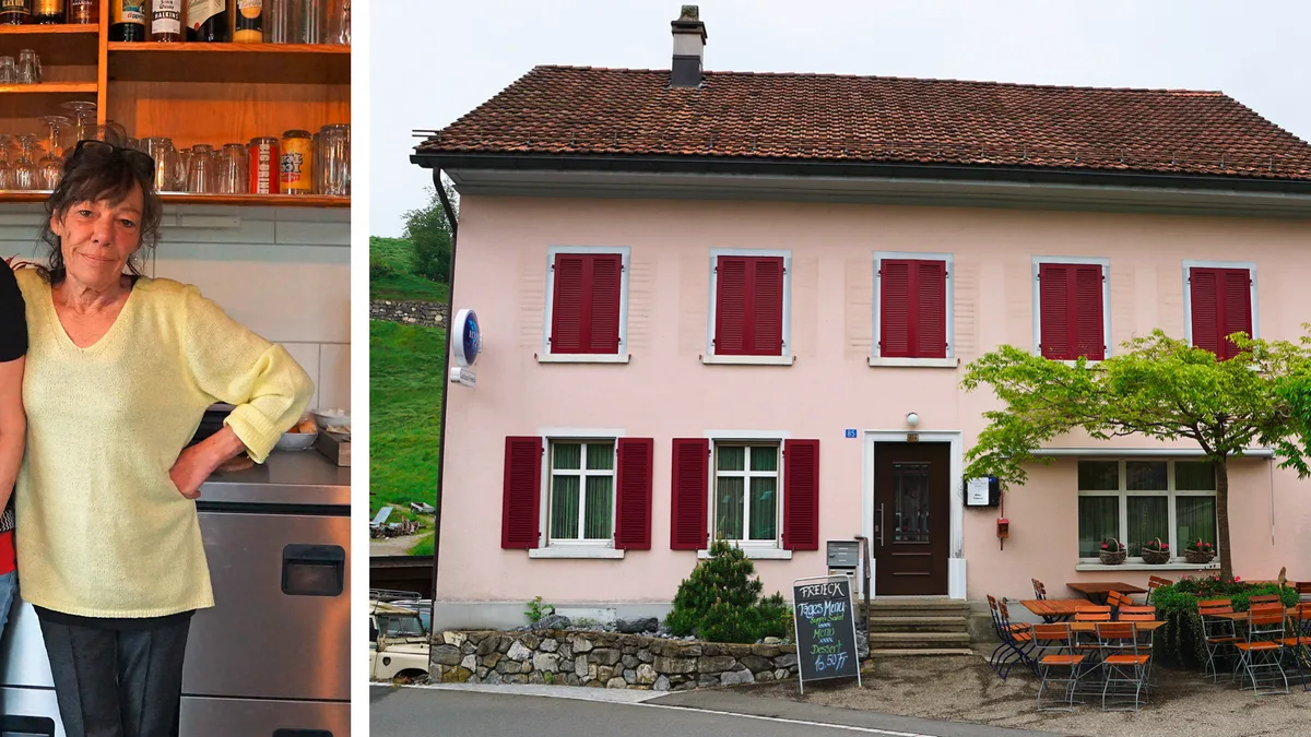 Mary Helbling ist an Krebs erkrankt. Sie war seit 2017 Wirtin im «Freieck». Eine Bildcombo einer Frau und eines Restaurants.