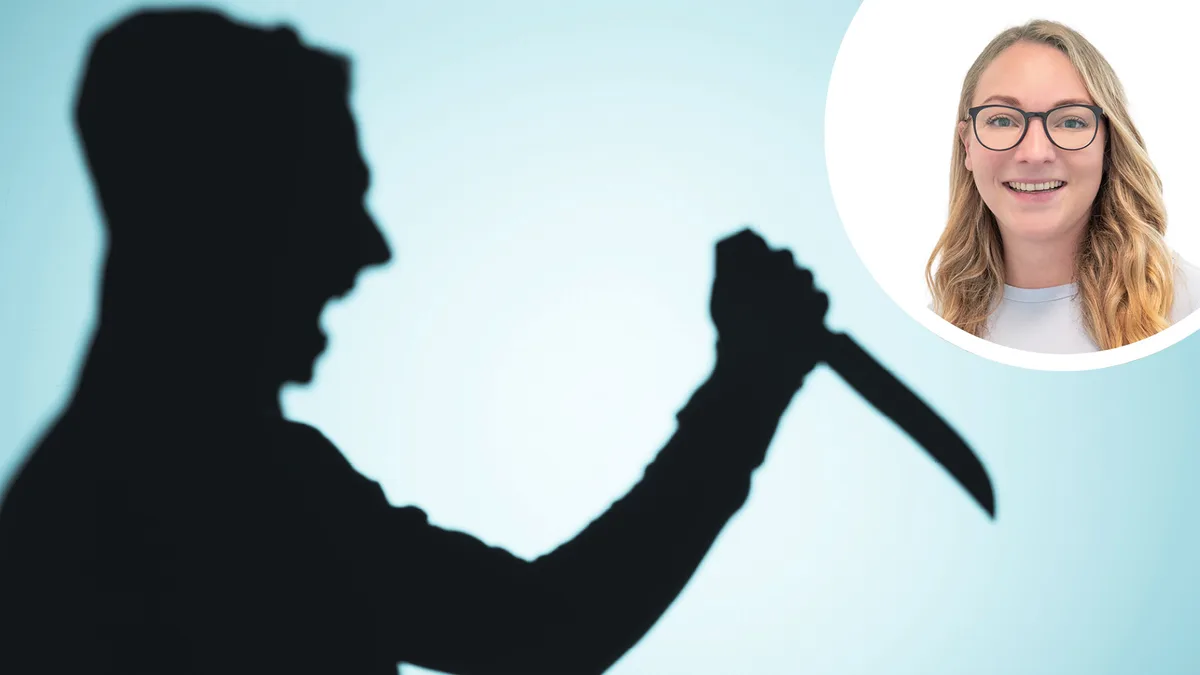 Ein Schatten eines Mannes mit einem Messer in der Hand. Oben rechts das Portrait von Marie Fredericq in einem weiss-umrandeten Kreis.