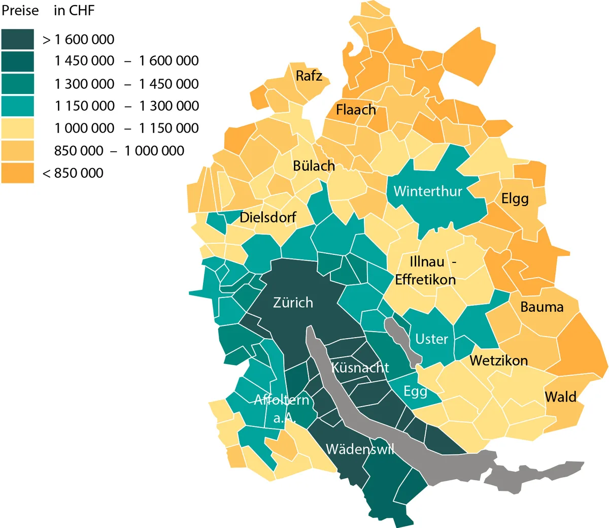 Die Grafik zeigt das Preisniveau einer durchschnittlichen Eigentumswohnung im Kanton Zürich.