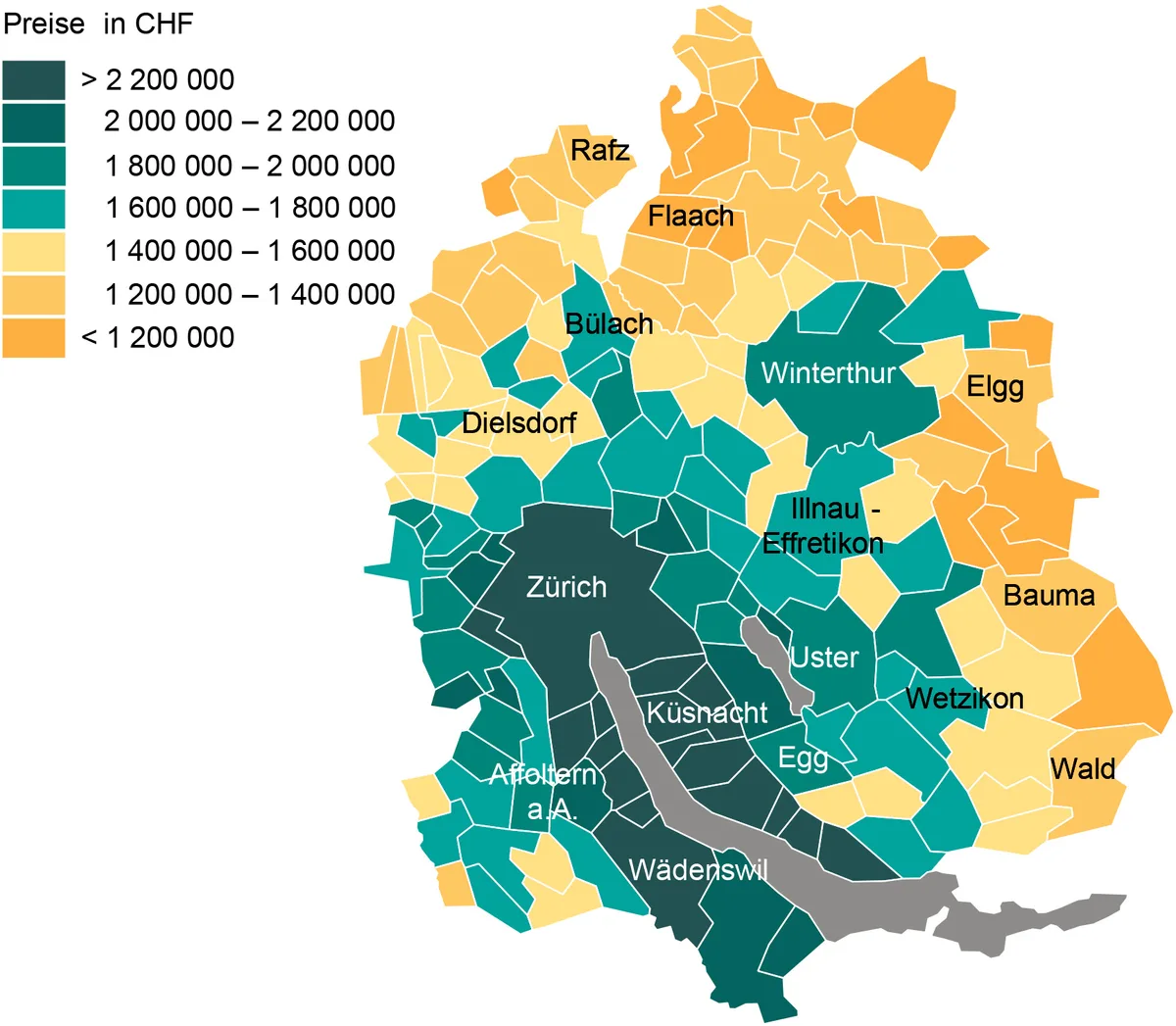 Die Grafik zeigt das Preisniveau eines durchschnittlichen Einfamilienhauses im Kanton Zürich.