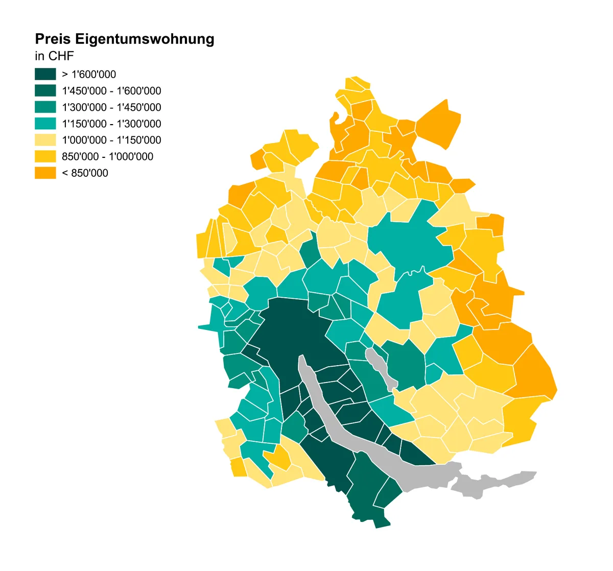 Eine Eigentumswohnung mit 110 Quadratmetern Wohnfläche kostet im Kanton Zürich durchschnittlich 1,2 Millionen Franken. Doch die regionalen Unterschiede sind gross. Grafik Preise Eigentumswohnung