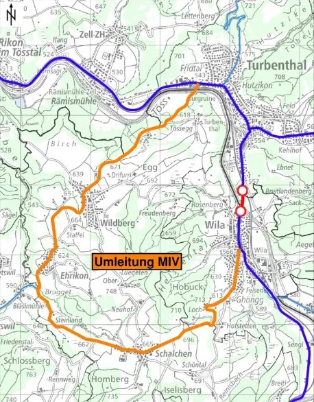 Strassenkarte mit der Umleitung für den MIV wegen der Belagsarbeiten zwischen Wila und Turbenthal.