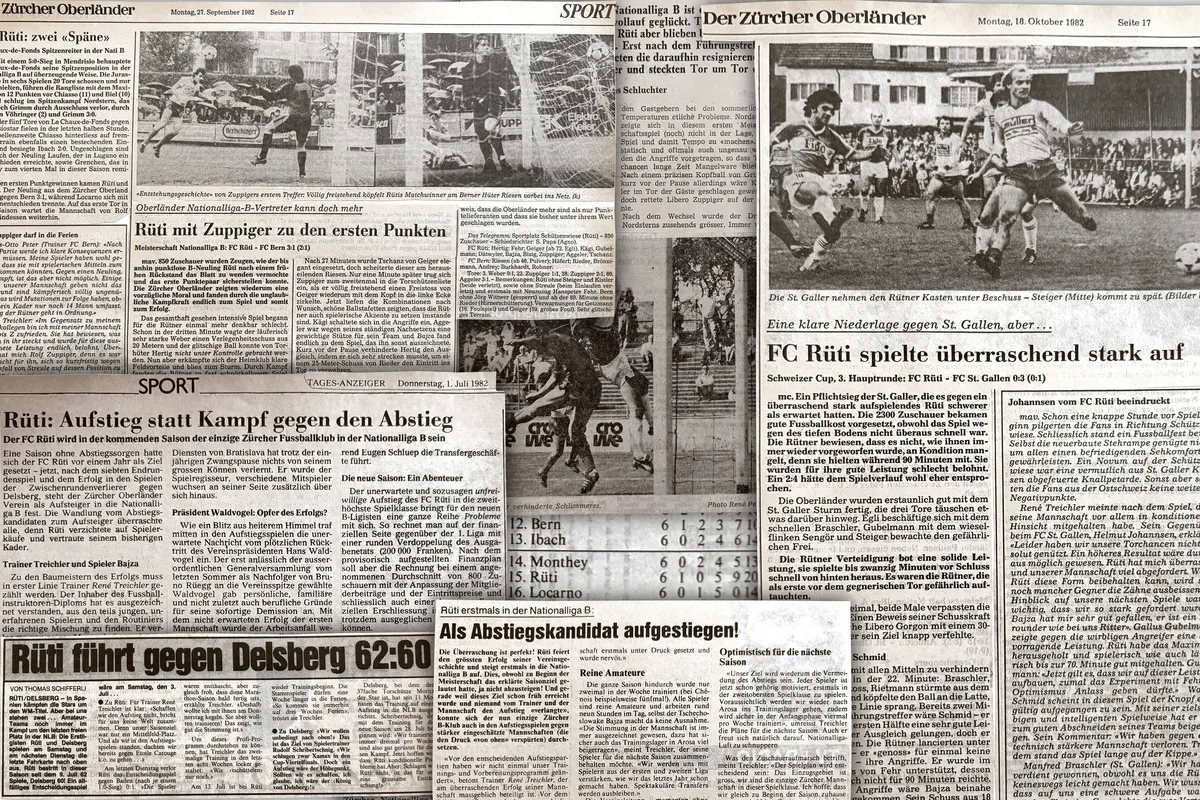 Der FC Rüti sorgte mit dem Aufstieg in die Nationalliga B für viele Schlagzeilen. Collage, mit Zeitungsartikeln zum Austieg des FC Rüti in die National Liga B