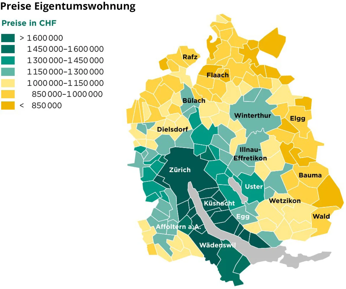 Infografik zu den Preisen einer Eigentumswohnung in den verschiedenen Bezirken des Kantons Zürich.