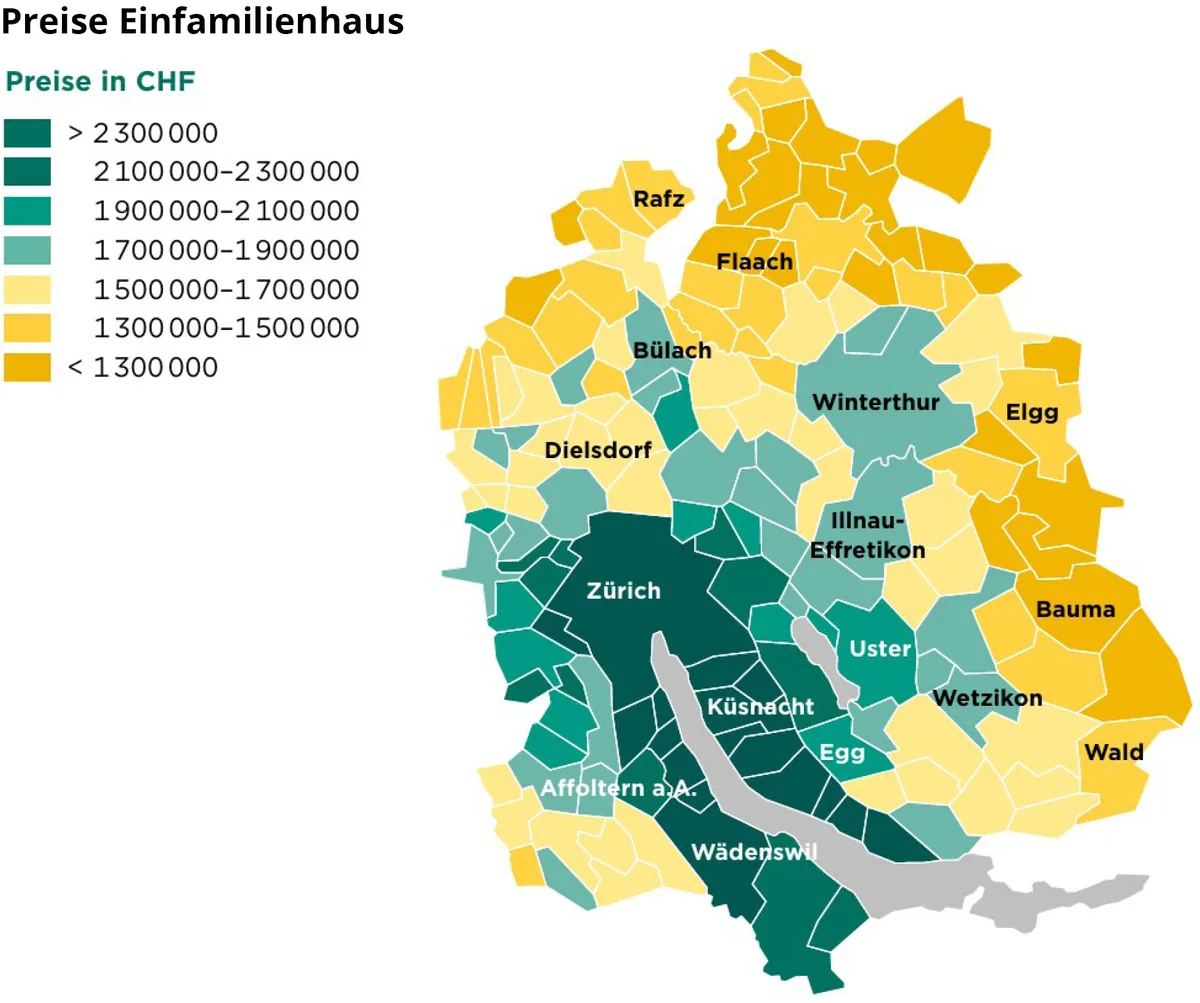 Infografik mit den Preisen für ein Einfamilienhaus in den verschiedenen Bezirken des Kantons Zürich.