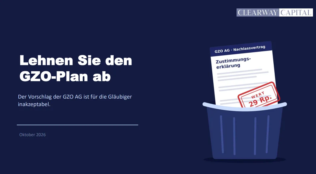 Aggressiver Stimmenfang: Auf dem Deckblatt ihrer Präsentation fordert Clearway Capital die Gläubiger unverblümt auf, die Stimmformulare wegzuwerfen. Das Sujet der Präsentation mit dem Papierkorb, dem Stimmrechtsformular und dem Stempel Wert 29 Rp.