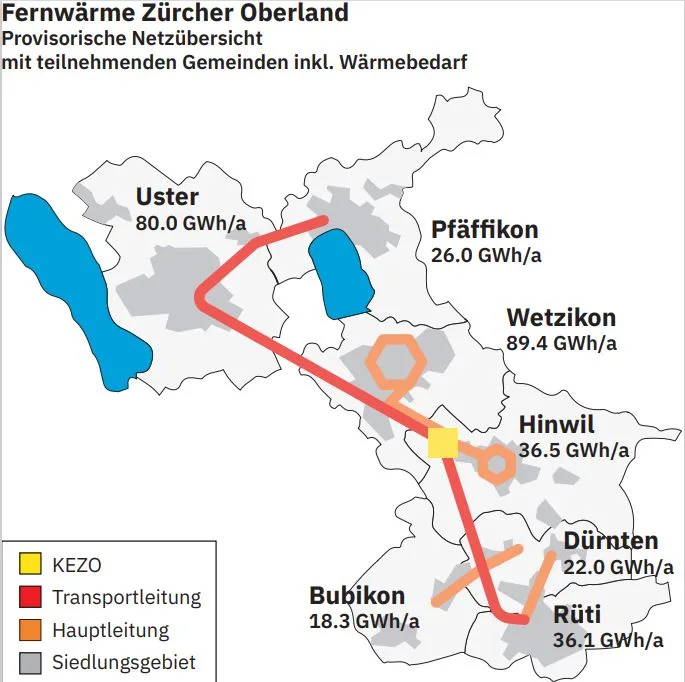 Schematische Karte der Fernwärme Zürcher Oberland. Provisorische Netzübersicht.
